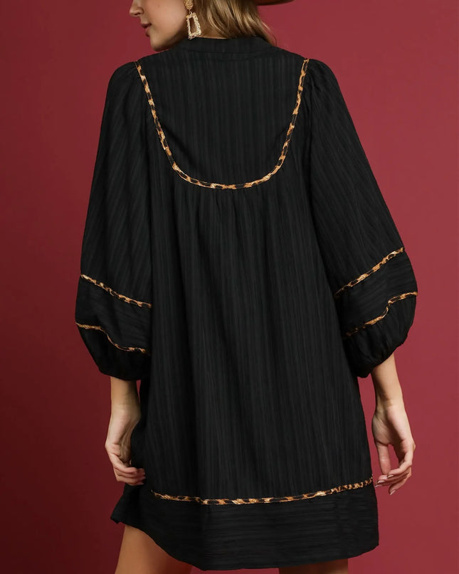 Umgee Full Size Textured Babydoll Dress with Leopard Trim Plus Size