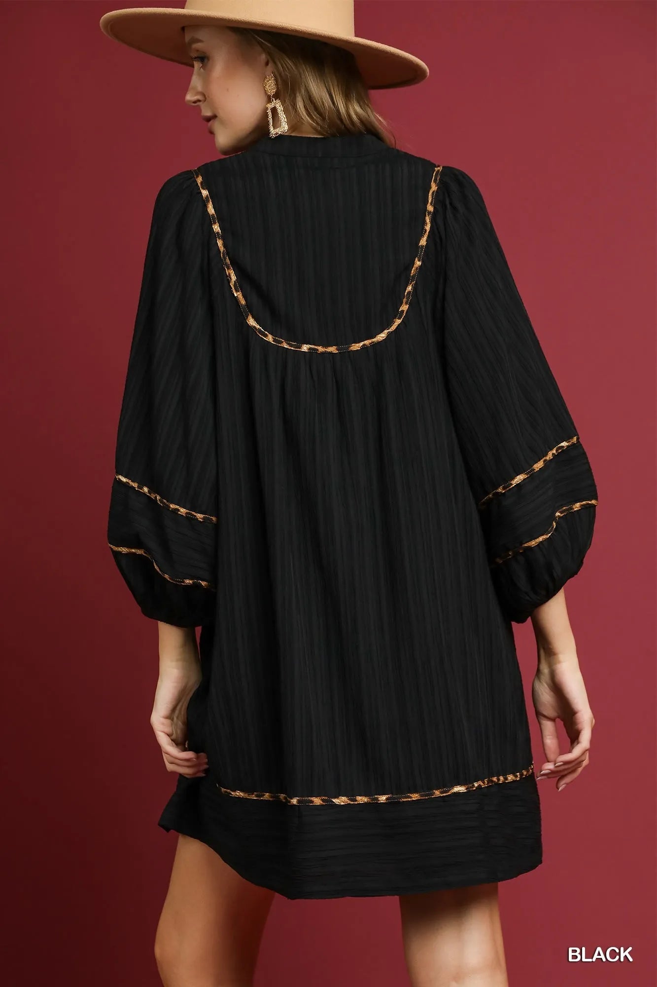 Umgee Full Size Textured Babydoll Dress with Leopard Trim Plus Size