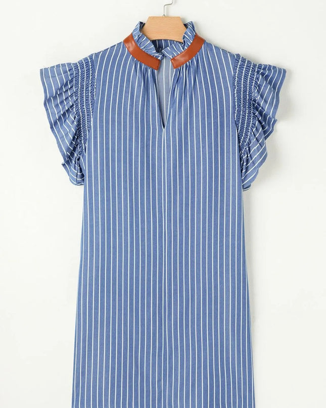 Stripe Frilly Split Neck Shirred Ruffle Sleeve Short Shift Dress