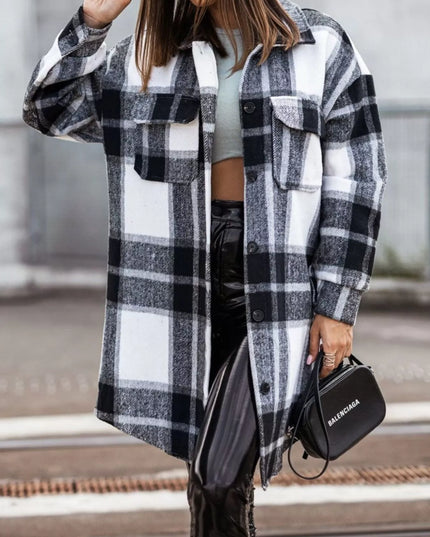 Button Down Collared Neck Plaid Flannel Shacket Black