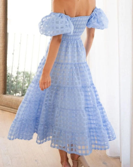 Off Shoulder Short Puff Sleeve Midi Dress