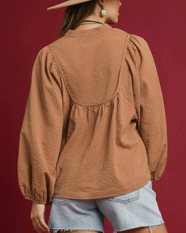 Umgee Textured Notched Blouse with Balloon Sleeves