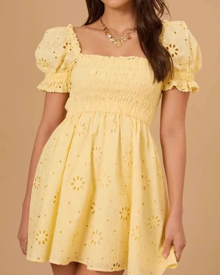 Eyelet Puff Sleeve Smocked Mini Dress Yellow