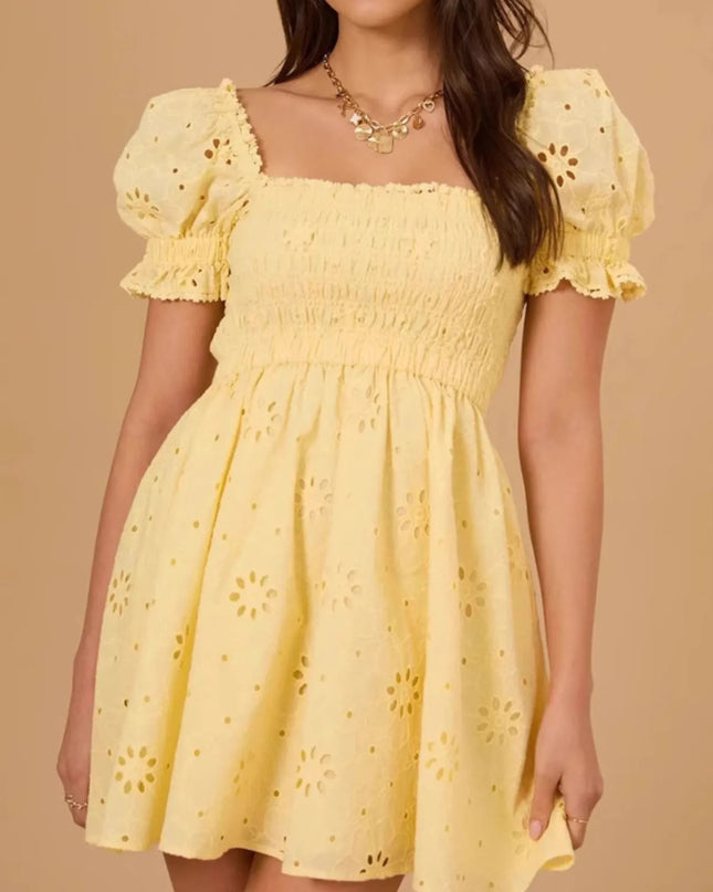 Eyelet Puff Sleeve Smocked Mini Dress Yellow