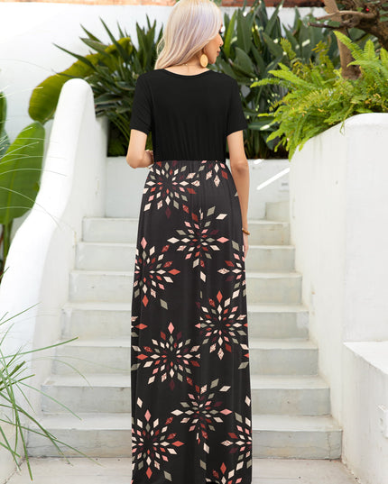 Printed Round Neck Short Sleeve Maxi Dress 