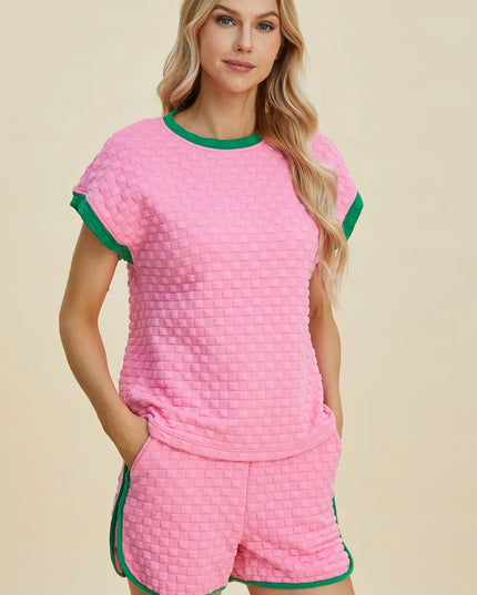 Double Take Full Size Texture Contrast T-Shirt and Shorts Set Pink
