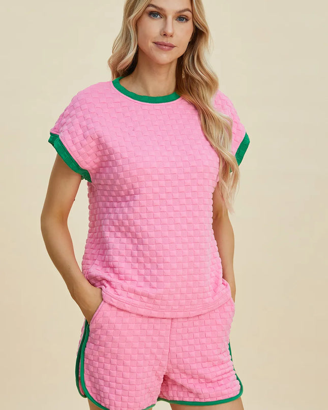 Double Take Full Size Texture Contrast T-Shirt and Shorts Set Pink
