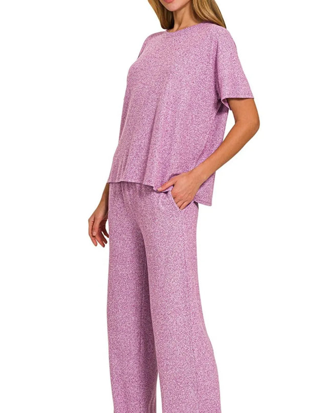 Zenana Soft Melange Short Sleeve Tee & Long Pants Set LT PLUM