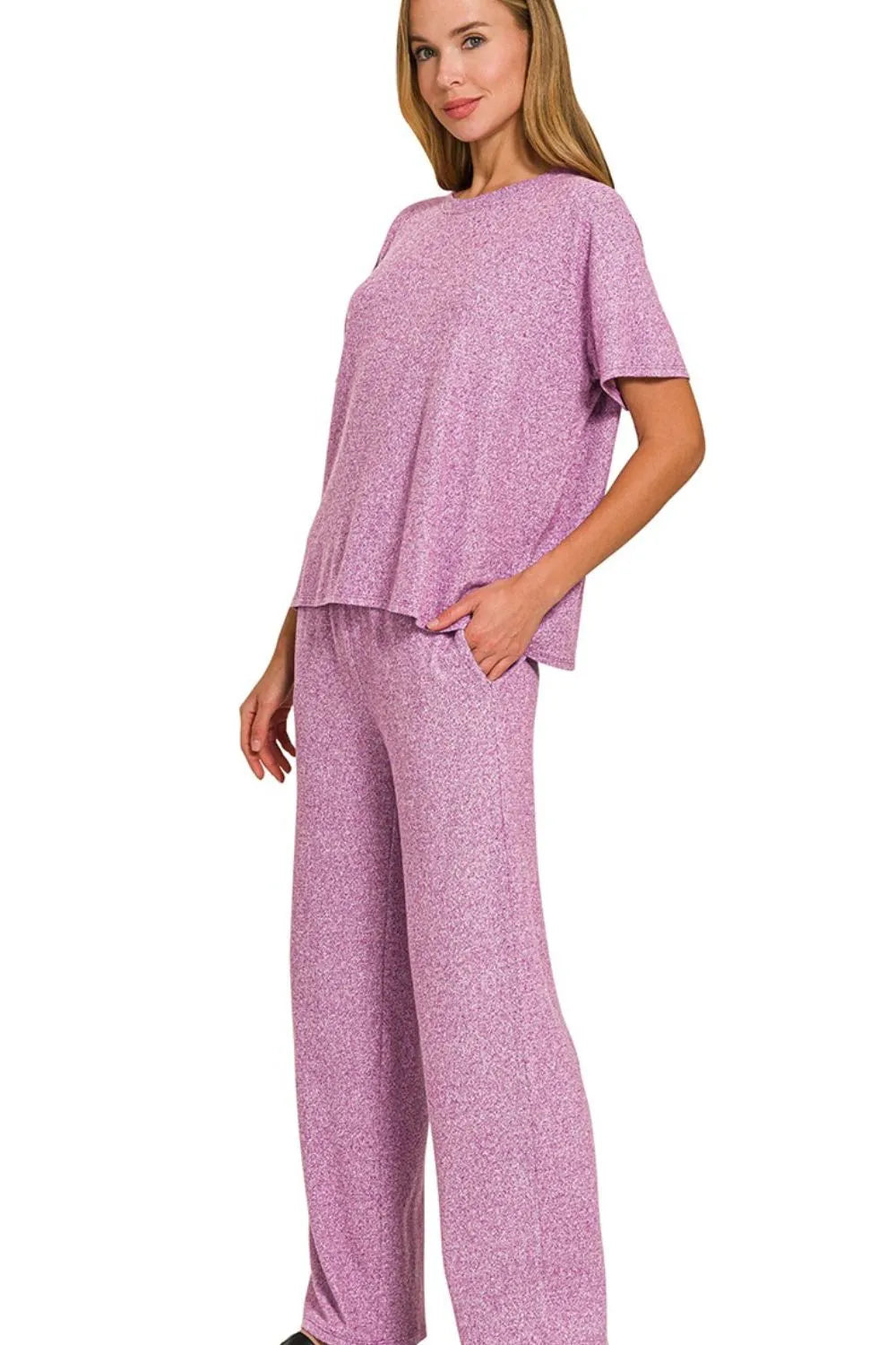 Zenana Soft Melange Short Sleeve Tee & Long Pants Set LT PLUM