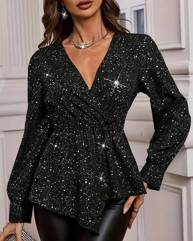 Asymmetrical Hem Surplice Long Sleeve Blouse