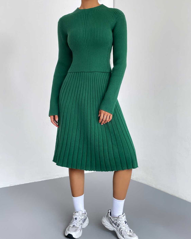 Rib-Knit Sweater and Skirt Set Green