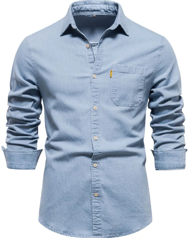 Men's Button-Down Denim Shirt with Chest Pocket Light Blue
