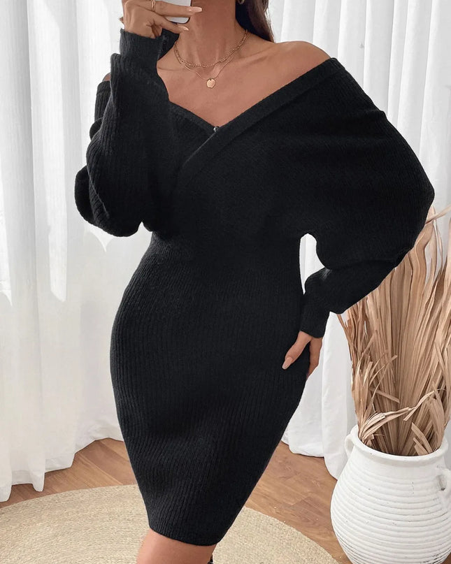 Perfee Surplice Long Sleeve Sweater Dress