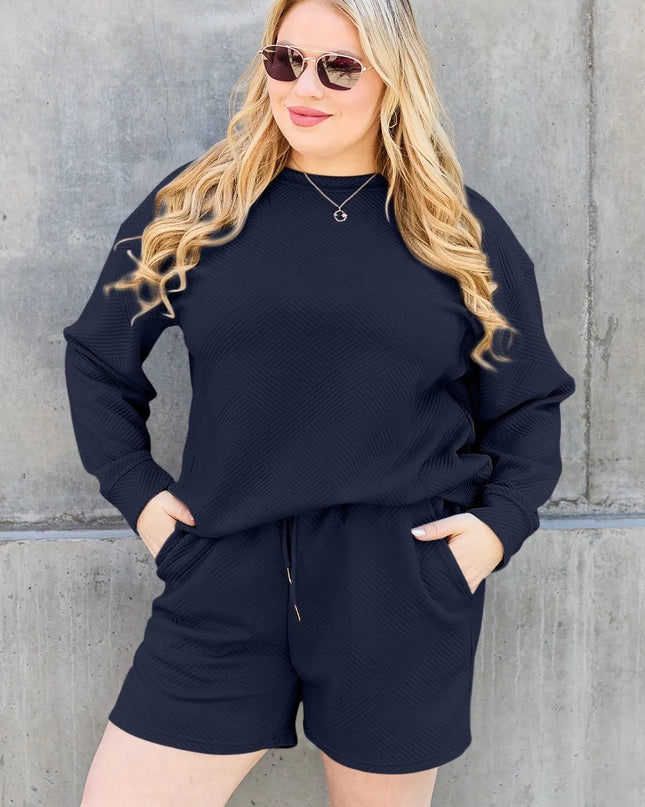 Double Take Full Size Texture Long Sleeve Top and Drawstring Shorts Set