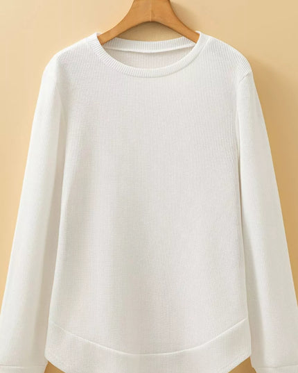 Rounded Neck Waffle Long Sleeve Top