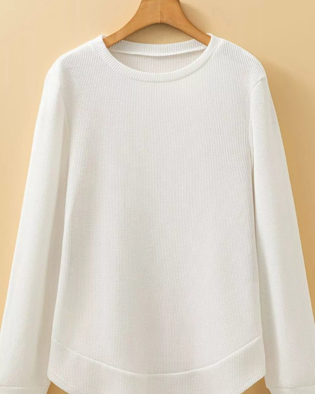 Rounded Neck Waffle Long Sleeve Top