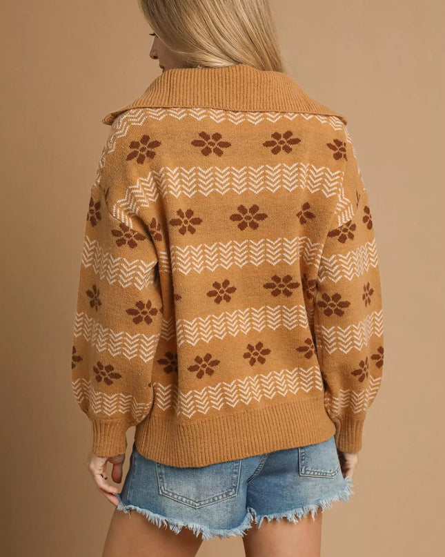 Umgee Floral Patterned Jacquard Quarter-Zip Pullover Sweater