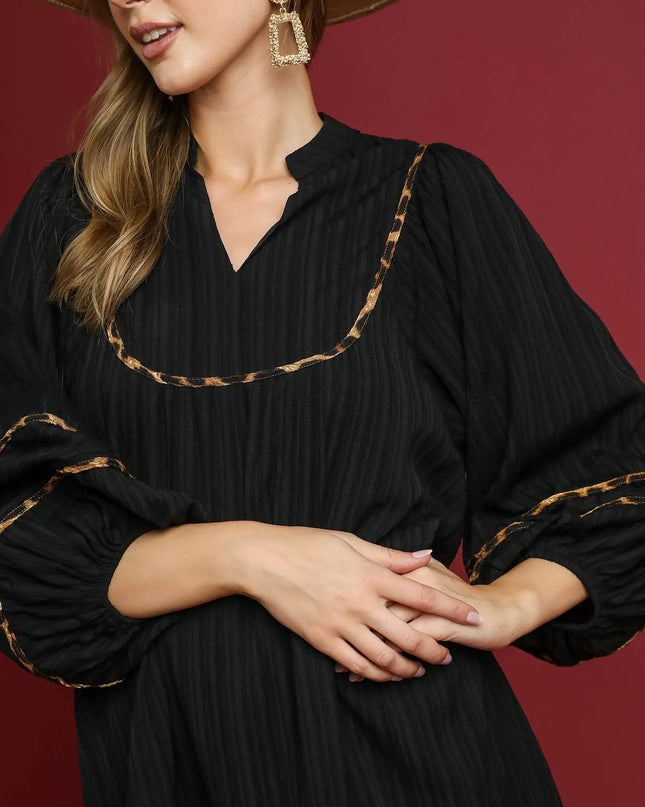 Umgee Full Size Textured Babydoll Dress with Leopard Trim Plus Size