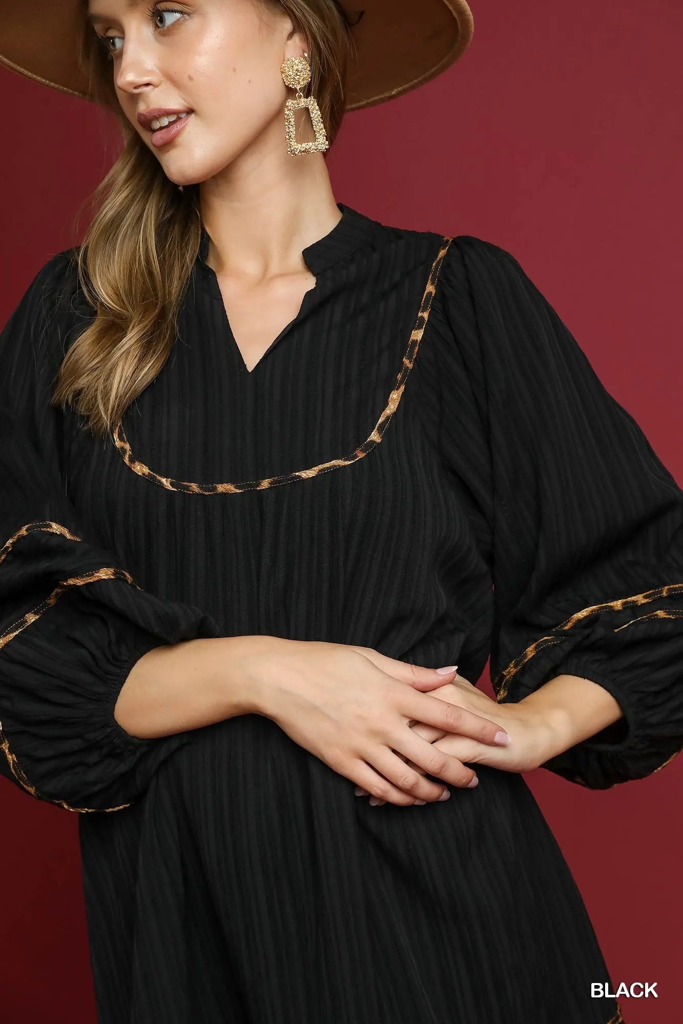 Umgee Full Size Textured Babydoll Dress with Leopard Trim Plus Size