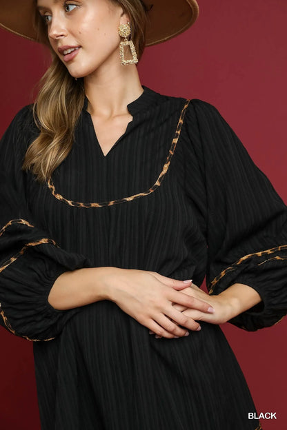 Umgee Full Size Textured Babydoll Dress with Leopard Trim Plus Size