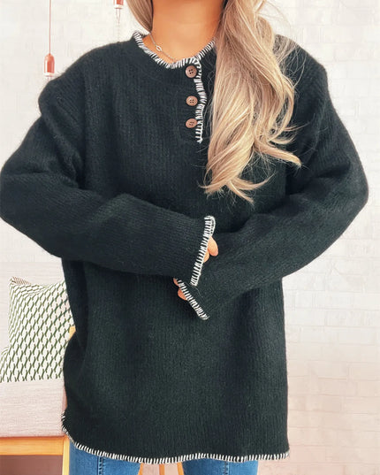 Ribbed Button Detail Long Sleeve Sweater