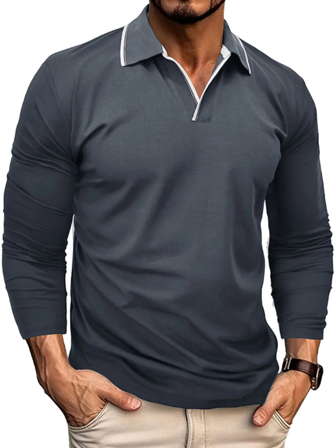 Men's Classic Long Sleeve Polo Shirt Dark Gray