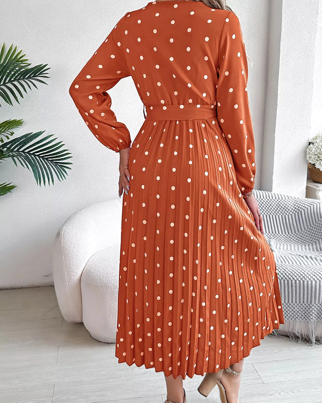 Front Tie Polka Dot Midi Pleated Dress