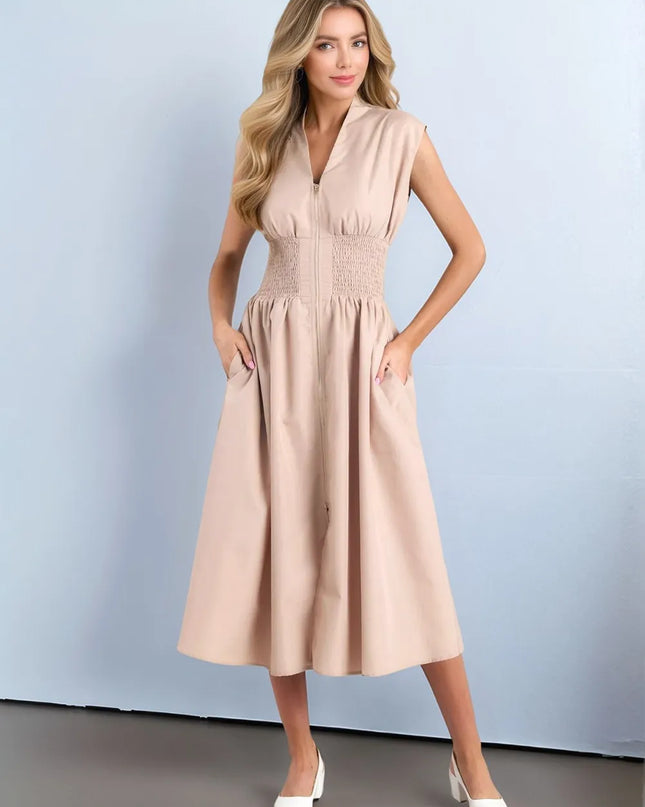 Smocked Zip Front Cap Sleeve Dress Tan