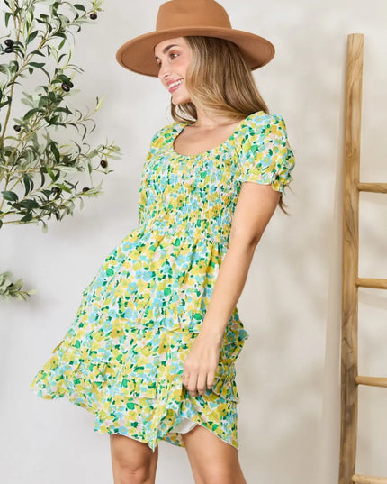 Devine Smocked Scoop Neck Flounce Sleeve Mini Dress