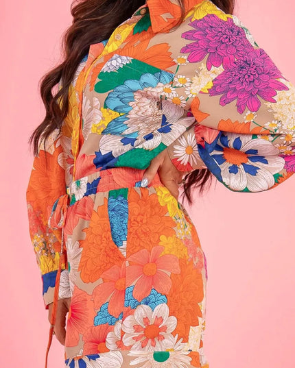 Printed Button Up Long Sleeve Top and Shorts Set