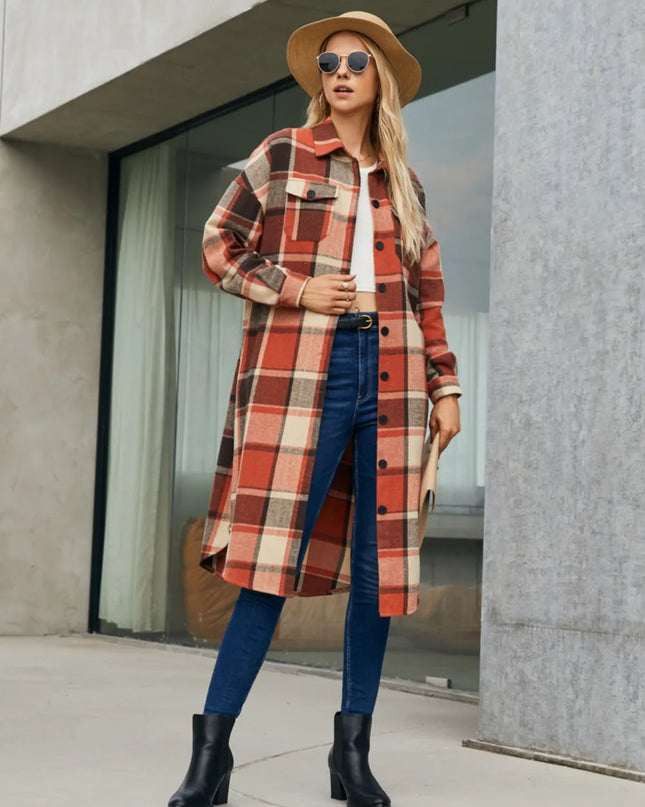 Plaid Pocketed Button Up Trench Coat 