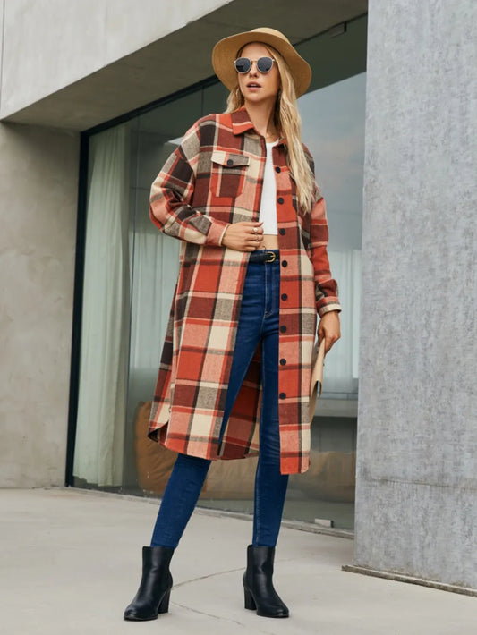 Plaid Pocketed Button Up Trench Coat Orange-Red