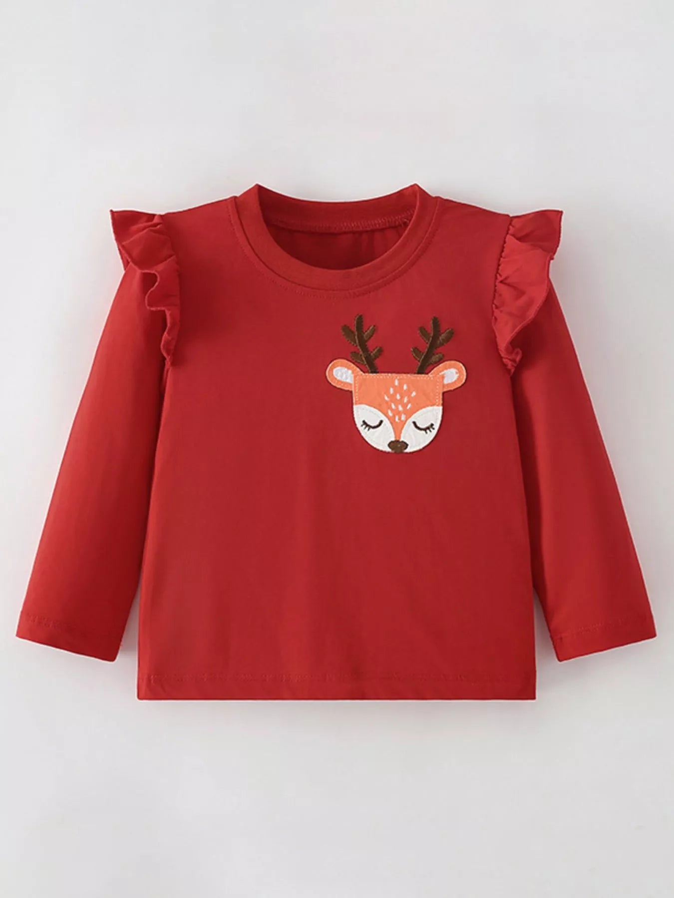Children's Deer Applique Ruffle Trim Long Sleeve T-Shirt Red