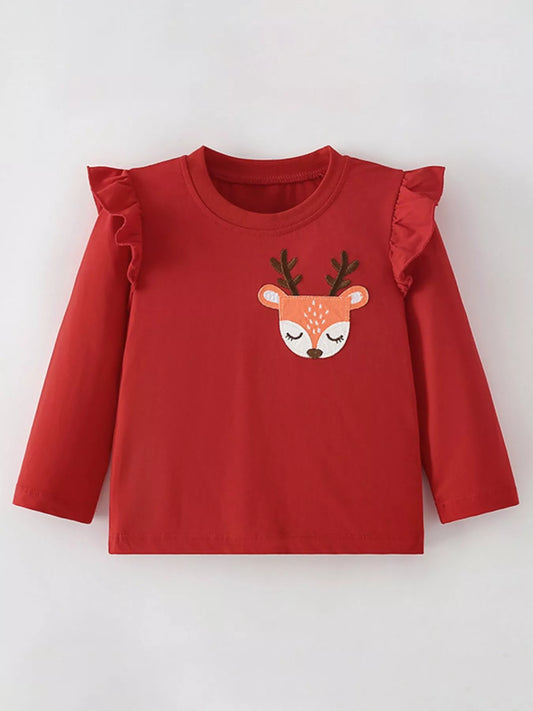 Children's Deer Applique Ruffle Trim Long Sleeve T-Shirt Red