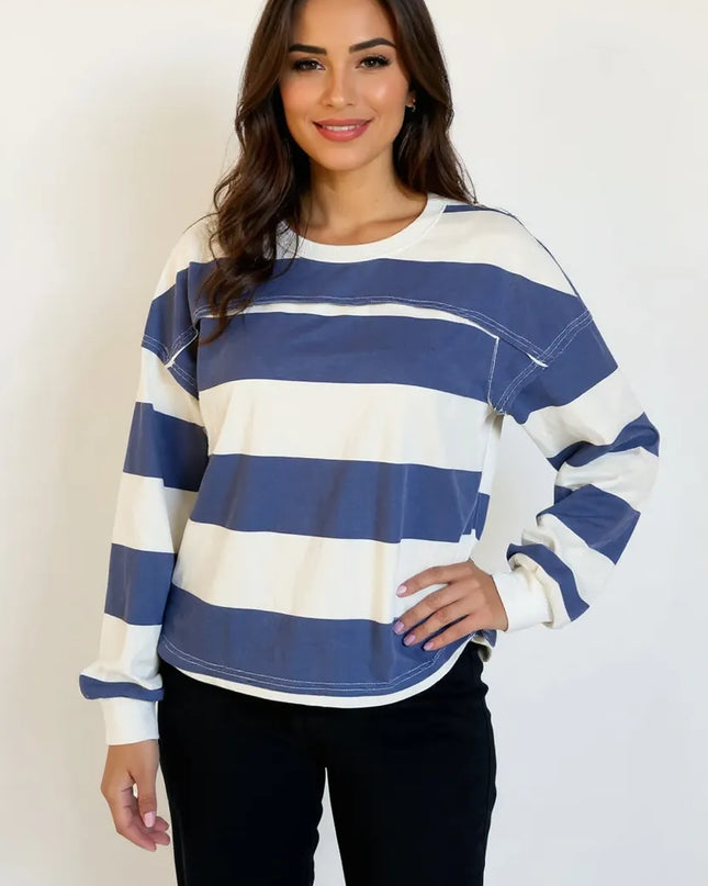 Oh Pima Cotton Wash Exposed Seam Contrast Striped Round Neck Long Sleeve T-Shirt Dusty Blue