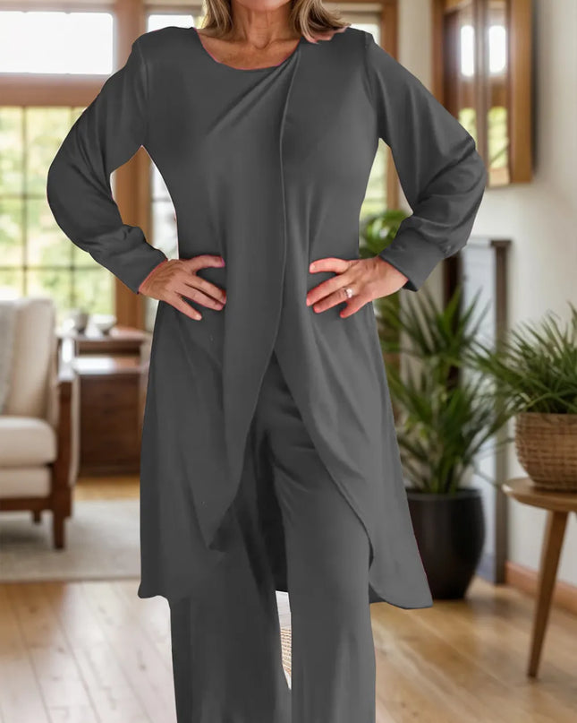 Full Size Slit Round Neck Long Sleeve Top and Pants Set