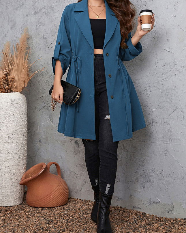Honey Plus Size Lapel Collar Drawstring Roll-Tab Sleeve Trench Coat
