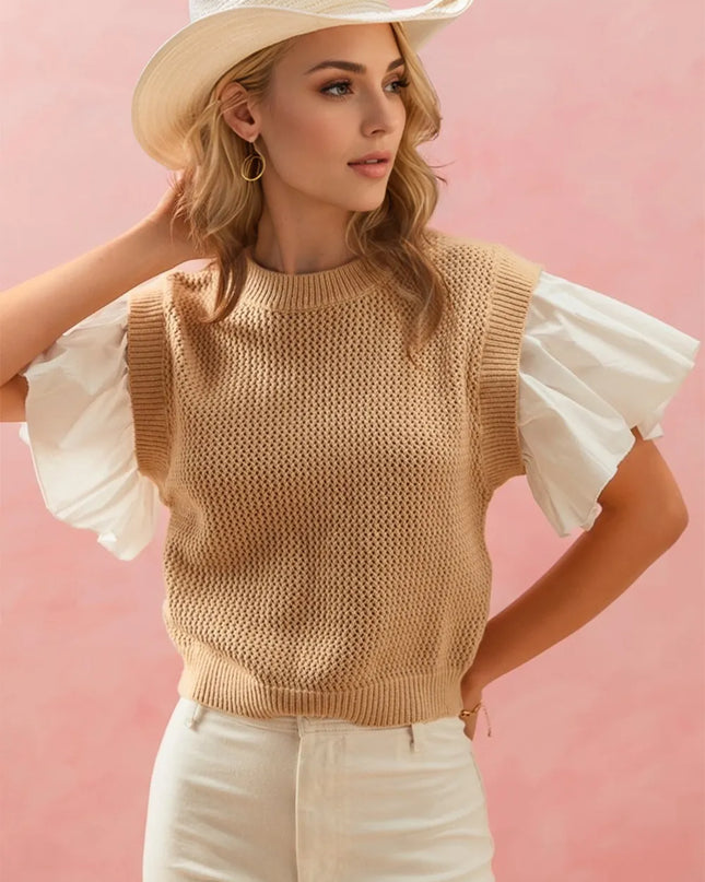 Oh Full Size Ruffled Round Neck Short Sleeve Sweater Camel