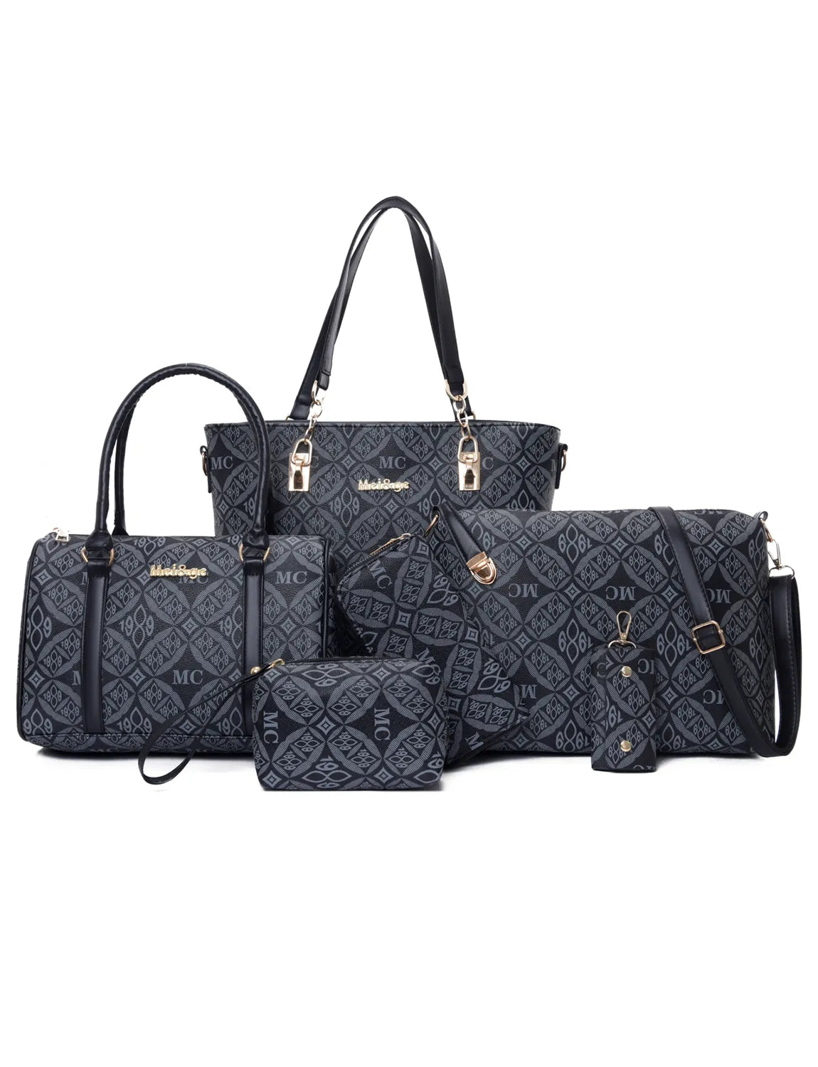 6-Piece Geometric Pattern Bag Set Gray onesize