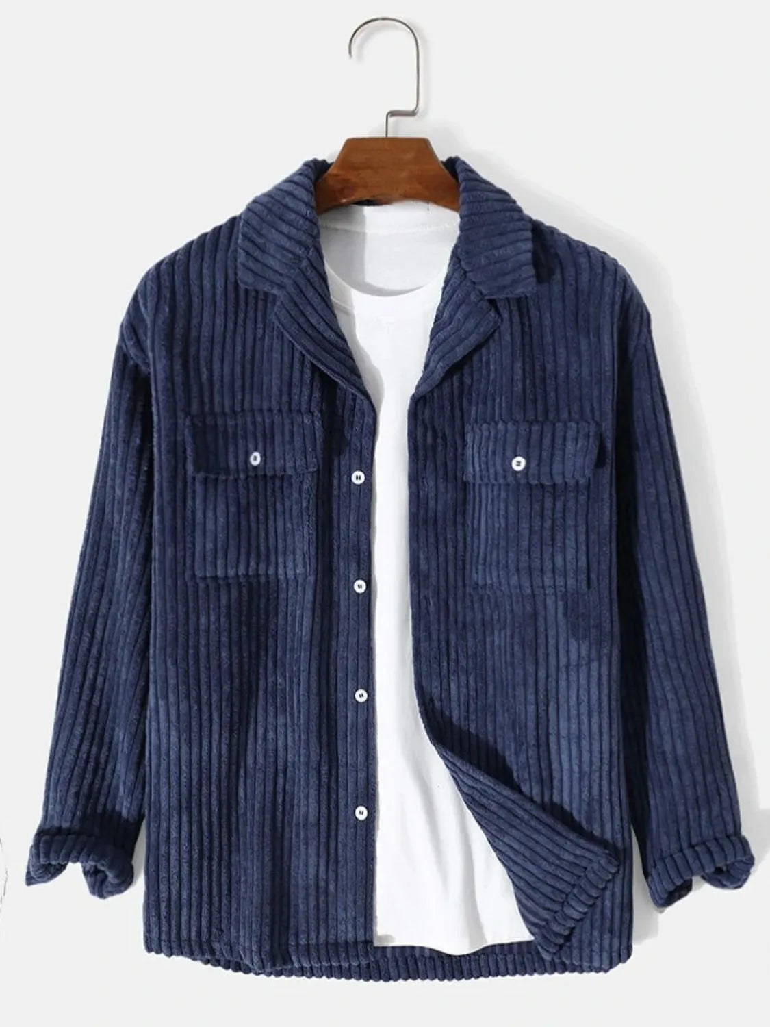 Men's Full Size Corduroy Button Up Long Sleeve Jacket Plus Size Dark Blue
