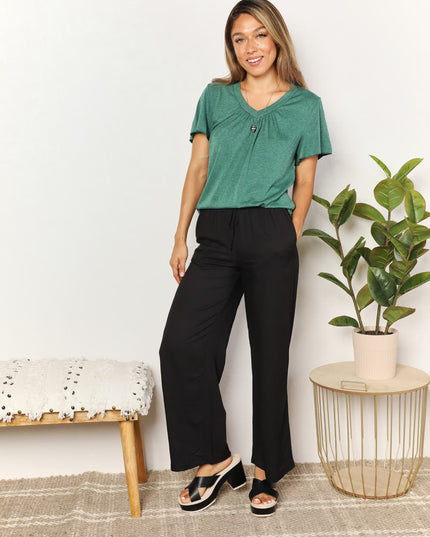 Double Take Ruched V-Neck Short Sleeve T-Shirt