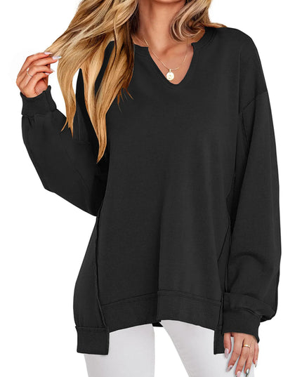 Notched Long Sleeve Oversized Sweatshirt Black