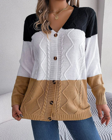 Cable-Knit Striped Button Up Cardigan Camel