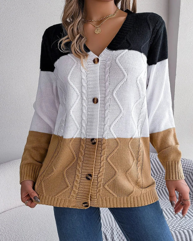 Cable-Knit Striped Button Up Cardigan Camel