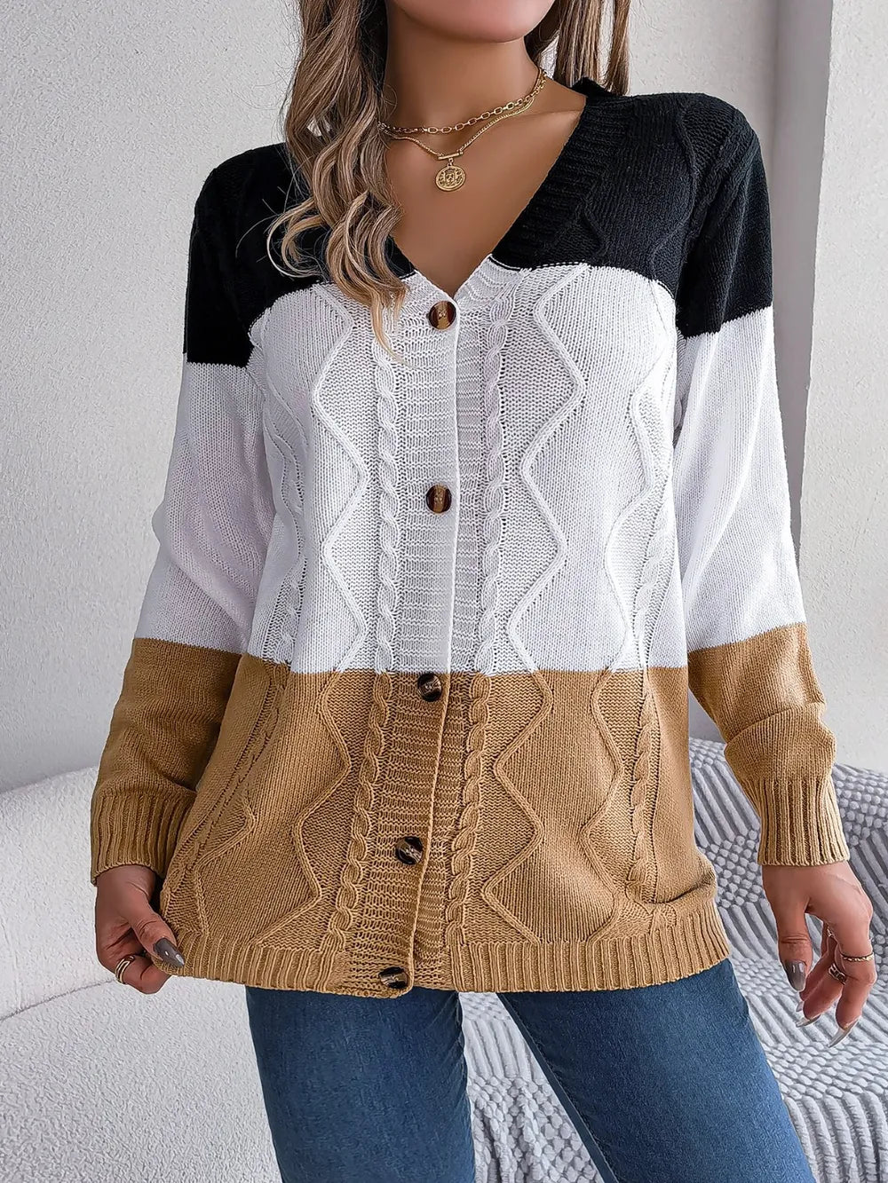 Cable-Knit Striped Button Up Cardigan Camel