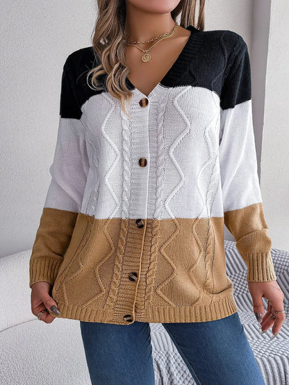 Cable-Knit Striped Button Up Cardigan Camel