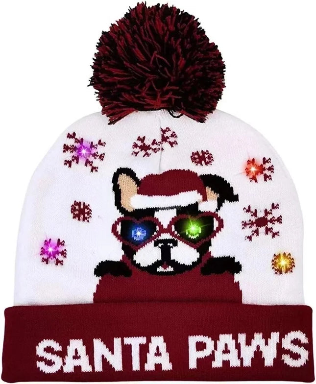Autumn And Winter Fashion Christmas Hat Colorful Luminous Warm Adult With Ball Hat Christmas LED Light Knitted Hat Christmas Puppy