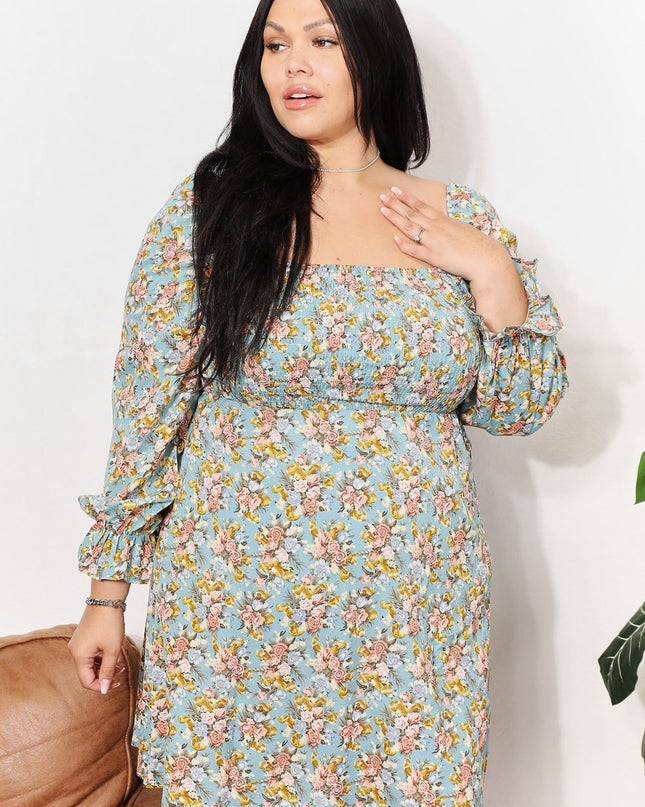 Honey Floral Smocked Flounce Sleeve Square Neck Dress