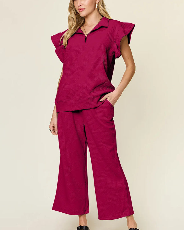 Double Take Texture Ruffle Short Sleeve Top and Drawstring Wide Leg Pants Set Deep Rose