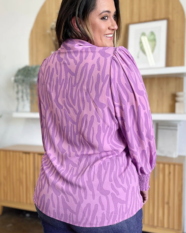 Double Take Full Size Printed Smocked Long Sleeve Blouse Plus Size